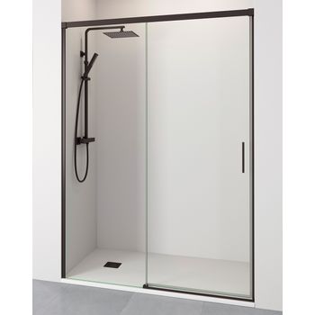 Mampara De Ducha Frontal 1 Puerta 1 Fijo Corredera | Vidrio Templado De 6mm Antical Transparente | Perfilería Negra | 105 Cm (adaptable 99-104cm)