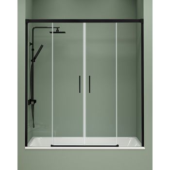 Mampara Bañera Frontal Corredera 2 Puertas 2 Fijos | Vidrio Templado De 6mm Antical Transparente | Perfilería Negro Mate - 145 Cm (adaptable 139-144cm)