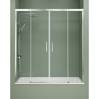 Mampara Bañera Frontal Corredera 2 Puertas 2 Fijos | Vidrio Templado De 6mm Antical Transparente | Perfilería Cromo Brillo - 145 Cm (adaptable 139-144cm)