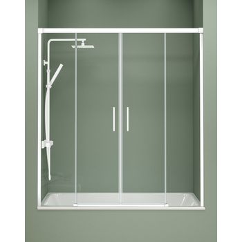 Mampara Bañera Frontal Corredera 2 Puertas 2 Fijos | Cristal Templado De 6mm Antical Transparente | Perfilería Blanco Mate - 145 Cm (adaptable 139-144cm)