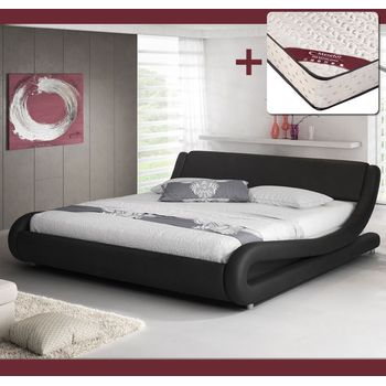 Cama De Matrimonio Con Colchón | Cama Doble Con Cabecero | Con Somier De Lamas | Negro Mate | Materiales Madera Y Polipiel |  Modelo Alessia | 150x190