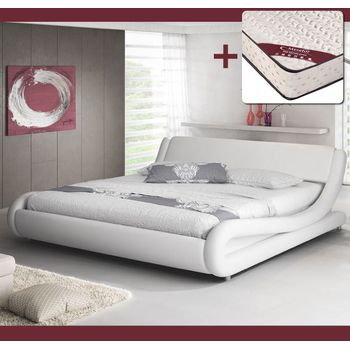 Cama De Matrimonio Con Colchón | Cama Doble Con Cabecero | Con Somier De Lamas | Blanco Mate | Materiales Madera Y Polipiel |  Modelo Alessia | 135x190