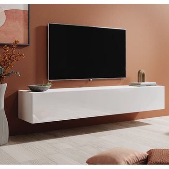 Mueble Tv | Mueble De Televisión | Colgante | Mueble De Salón | 1 Puerta 3 Compartimentos | 180x30x40cm | Modelo Berit 180x30 | Blanco Acabado En Brillo