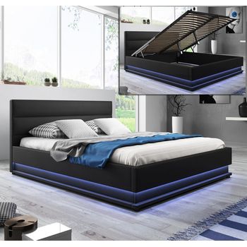 Cama Canapé De Matrimonio | Cama Doble Con Cabecero Y Canapé Con Led | Con Somier De Lamas | Negro Mate | Materiales Madera Y Polipiel |  Modelo Nitas | Para Colchón 180x200