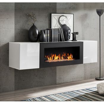 Mueble Tv Con Chimenea | Mueble De Televisión | Colgante | Mueble De Salón | 2 Puertas | 160x40x40cm | Modelo Krista Lumbre | Blanco Acabado En Brillo