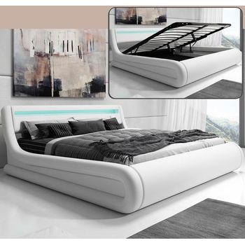 Cama Canapé De Matrimonio | Cama Doble Con Cabecero Y Canapé Con Led | Con Somier De Lamas | Blanco Mate | Materiales Madera Y Polipiel |  Modelo Rodas | Para Colchón 180x200