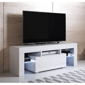 Mueble Tv Con Led | Mueble De Televisión | Mueble De Salón | 1 Cajón | 130x45x35cm | Modelo Elio  | Blanco Acabado En Brillo