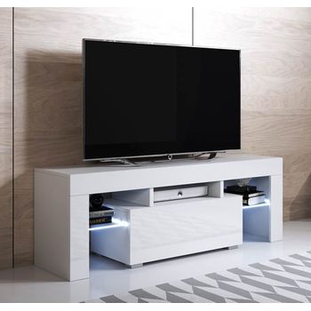 Mueble Tv 1 Cajón 2 Estantes - Blanco Acabado En Brillo Led 16 Colores - 130 X 45 X 35cm - Elio