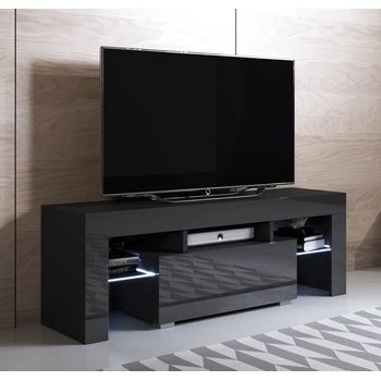 Mueble Tv 1 Cajón 2 Estantes - Negro Acabado En Brillo Led 16 Colores - 130 X 45 X 35cm - Elio