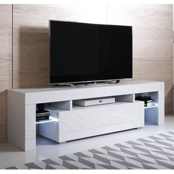 Mueble Tv Con Led | Mueble De Televisión | Mueble De Salón | 2 Cajones | 160x45x35cm | Modelo Unai | Blanco Acabado En Brillo