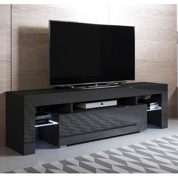 Mueble Tv Con Led | Mueble De Televisión | Mueble De Salón | 2 Cajones | 160x45x35cm | Modelo Unai | Negro Acabado En Brillo