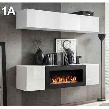 Conjunto Muebles Con Chimenea  – Blanco Acabado En Brillo  – 160cm – Krista 1a