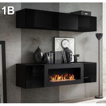 Conjunto Muebles Con Chimenea  – Negro Acabado En Brillo  – 160cm – Krista 1b