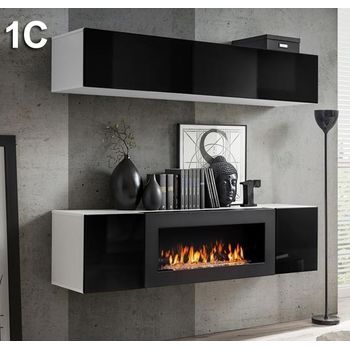 Conjunto Muebles Con Chimenea  – Blanco Y Negro Acabado En Brillo  – 160cm – Krista 1c