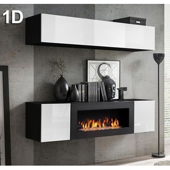 Conjunto Muebles Con Chimenea  – Negro Y Blanco En Brillo  – 160cm – Krista 1d