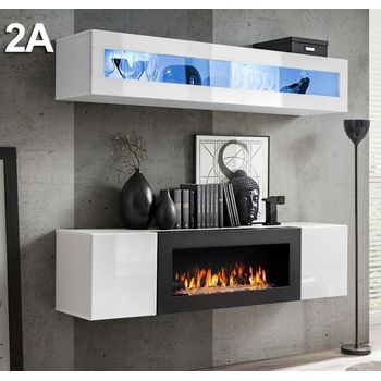 Conjunto Muebles Con Chimenea  – Blanco Acabado En Brillo Led – 160cm – Krista 2a