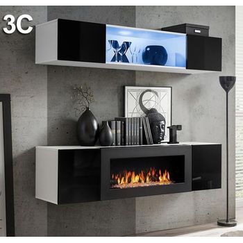 Mueble De Salón Con Chimenea Con Led | Composición De Salón Tv | Mueble Tv | Conjunto De Salón | Ancho 160cm | Modelo Krista 3a | Blanco Con Negro Acabado En Brillo