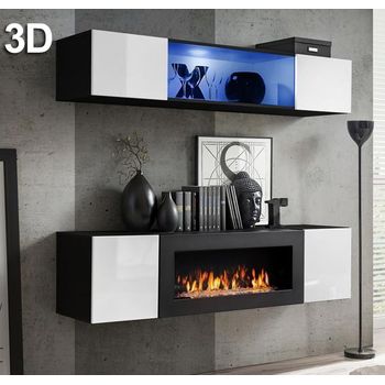 Conjunto Muebles Con Chimenea  – Negro Y Blanco En Brillo Led – 160cm – Krista 3d