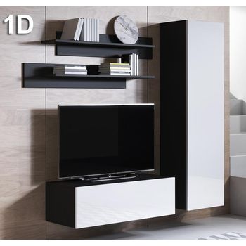 Mueble De Salón | Composición De Salón Tv | Mueble Tv | Conjunto De Salón | Ancho 160cm | Modelo Luke 1d | Negro Con Blanco Acabado En Brillo