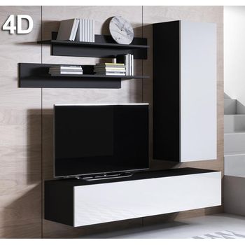 Mueble De Salón | Composición De Salón Tv | Mueble Tv | Conjunto De Salón | Ancho 160cm | Modelo Luke 4d | Negro Con Blanco Acabado En Brillo