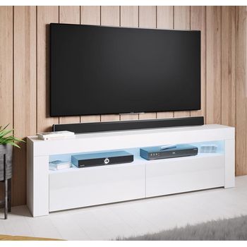 Mueble Tv Con Led | Mueble De Televisión | Mueble De Salón | 2 Puertas | 140x50x35cm | Modelo Aker | Blanco Acabado En Brillo