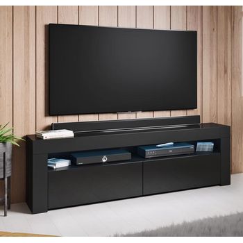 Mueble Tv Con Led | Mueble De Televisión | Mueble De Salón | 2 Puertas | 140x50x35cm | Modelo Aker | Negro Acabado En Brillo