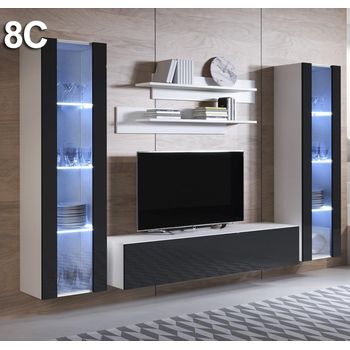 Mueble De Salón Con Led | Composición De Salón Tv | Mueble Tv | Conjunto De Salón | Ancho 260cm | Modelo Luke 8c | Blanco Con Negro Acabado En Brillo