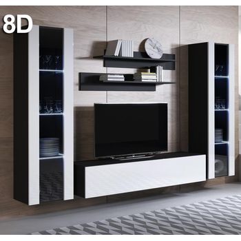 Mueble De Salón Con Led | Composición De Salón Tv | Mueble Tv | Conjunto De Salón | Ancho 260cm | Modelo Luke 8d | Negro Con Blanco Acabado En Brillo