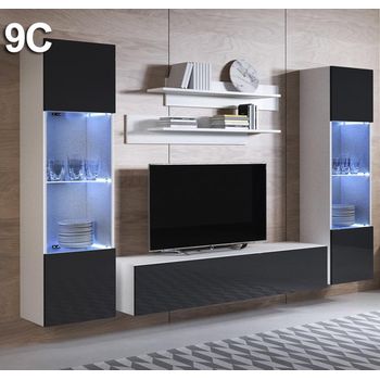 Mueble De Salón Con Led | Composición De Salón Tv | Mueble Tv | Conjunto De Salón | Ancho 260cm | Modelo Luke 9c | Blanco Con Negro Acabado En Brillo