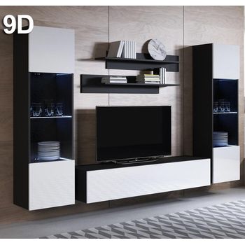 Mueble De Salón Con Led | Composición De Salón Tv | Mueble Tv | Conjunto De Salón | Ancho 260cm | Modelo Luke 9d | Negro Con Blanco Acabado En Brillo