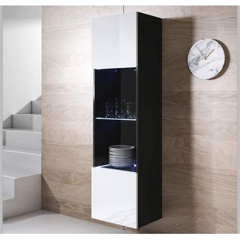 Vitrina Colgante Con Led | Armario | Mueble De Salón | Vitrina De Pared | 1 Puerta 4 Compartimentos | 40x165x29cm | Modelo Luke V6 | Negro Con Blanco Acabado En Brillo