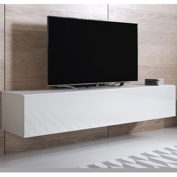 Mueble Tv Colgante | Mueble De Televisión | Mueble De Salón | 1 Puerta 3 Compartimentos | 160x30x40cm | Modelo Luke H2 | Blanco Acabado En Brillo