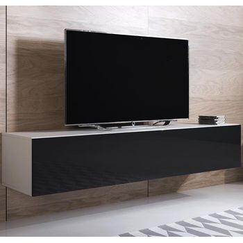 Mueble Tv Colgante | Mueble De Televisión | Mueble De Salón | 1 Puerta 3 Compartimentos | 160x30x40cm | Modelo Luke H2 | Blanco Con Negro Acabado En Brillo