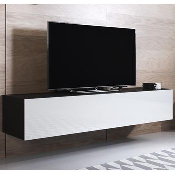 Mueble Tv Colgante | Mueble De Televisión | Mueble De Salón | 1 Puerta 3 Compartimentos | 160x30x40cm | Modelo Luke H2 | Negro Con Blanco Acabado En Brillo