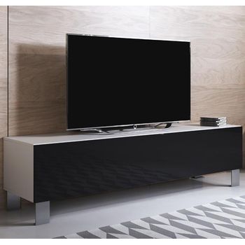 Mueble Tv Con Patas De Aluminio 12 Cm | Mueble De Televisión | Mueble De Salón | 1 Puerta 3 Compartimentos | 160x42x40cm | Modelo Luke H2 | Blanco Con Negro Acabado En Brillo