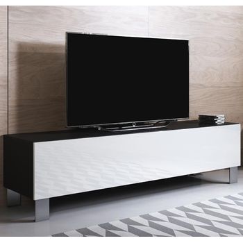 Mueble Tv Con Patas De Aluminio 12 Cm | Mueble De Televisión | Mueble De Salón | 1 Puerta 3 Compartimentos | 160x42x40cm | Modelo Luke H2 | Negro Con Blanco Acabado En Brillo