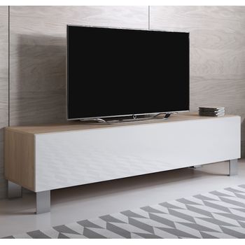 Mueble Tv Con Patas De Aluminio 12 Cm | Mueble De Televisión | Mueble De Salón | 1 Puerta 3 Compartimentos | 160x42x40cm | Modelo Luke H2 | Sonoma Mate Con Blanco Acabado En Brillo