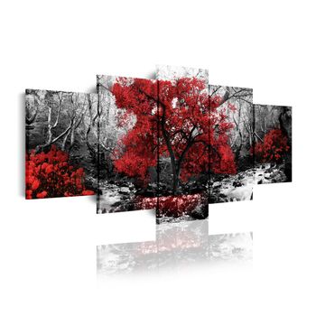 Cuadros Modernos | Lienzo Decorativo | Naturalez Blanco Y Negro Con Árboles Rojos | 5 Piezas 200x100cm Xxl - Dekoarte