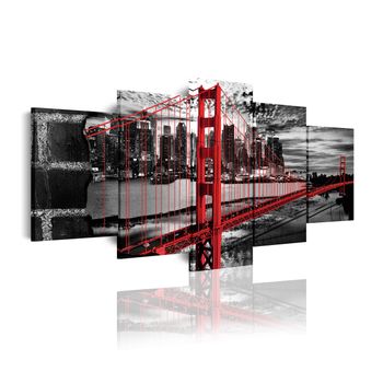 Cuadros Modernos | Lienzo Decorativo | Eeuu Golden Gate Blanco Negro Rojo | 5 Piezas 200x100cm Xxl - Dekoarte