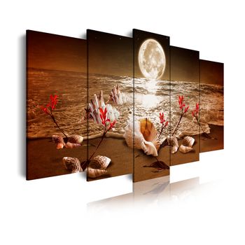 Cuadros Modernos | Lienzo Decorativo | Noche Luna Iluminando Playa Flores Rojas | 5 Piezas 150x80cm - Dekoarte