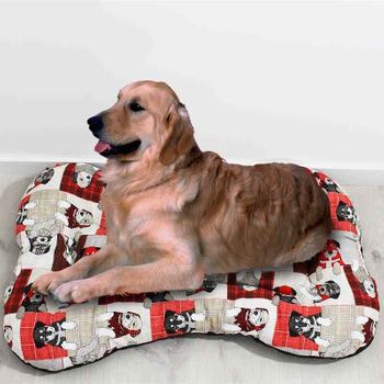Cama Para Mascotas Camacan Forma Hueso Acolchada Estampado Cachorros Rojo 100x70 Cm