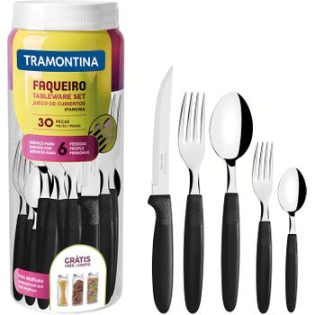 Juego De Cubiertos Tramontina Ipanema 30pzas Negro: 6 Cucharas De Mesa, 6 Tenedores De Mesa, 6 Cuchillos De Asado, 6 Cucharas De Té, 6 Tenedores De Postre