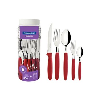 Juego De Cubiertos Tramontina Ipanema 30pzas Rojo: 6 Cucharas De Mesa, 6 Tenedores De Mesa, 6 Cuchillos De Asado, 6 Cucharas De Té, 6 Tenedores De Postre