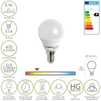 Bombilla Led Esferica Regulable Rosca E14 5 W.= 40 W. 470 Lúmenes. Luz Cálida (3000°k).