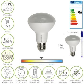 Bombilla Led Reflectante Rosca E27 11 Watt. Equivale A 75 Watt. 1055 Lumenes. Luz Blanca (4.000º K) - Neoferr..