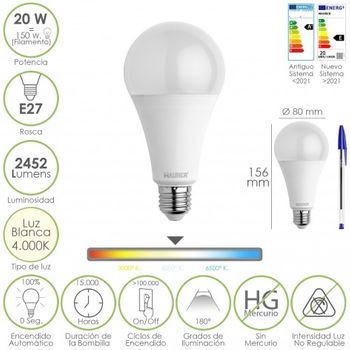 Bombilla Led Estandar Rosca E27. 20 Watt. Equivale A 150 Watt. 2452 Lumenes. Luz Neutra (4000º K.)