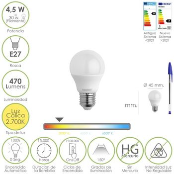 Bombilla Led Esferica Rosca E27 4.5 Watt. Equivale A 55 Watt. 470 Lumenes. Luz Cálida (2700º K.)