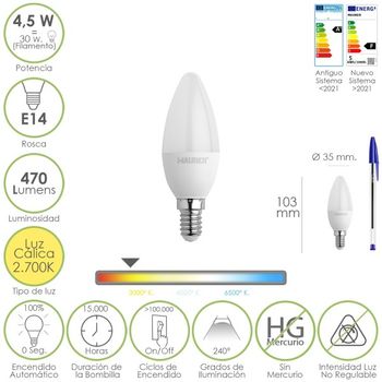 Bombilla Led Vela Rosca E14. 4,5 Watt. Equivale A 35 Watt. 470 Lumenes. Luz Cálida (2700º K)