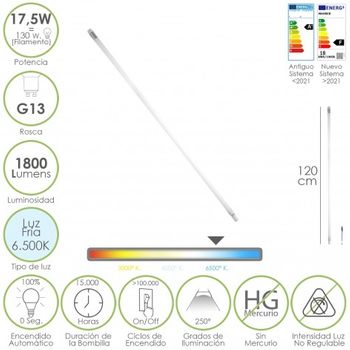 Tubo Led T8 120 Cm.17,5 Watt. Equivale A 130 Watt. 1800 Lumenes. Luz Fria 6500º K.