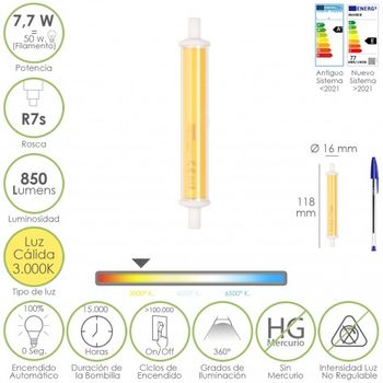 Bombilla Led Para Focos Rosca R7s. 7,7 Watt. Equivale A 50 Watt. 850 Lumenes. Luz Cálida (3000º K.)